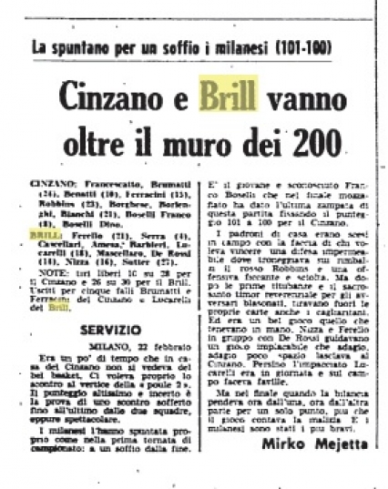 Articolo apparso su L'Unità del 23 Febbraio 1976 che parla della partita Cinzano-Brill